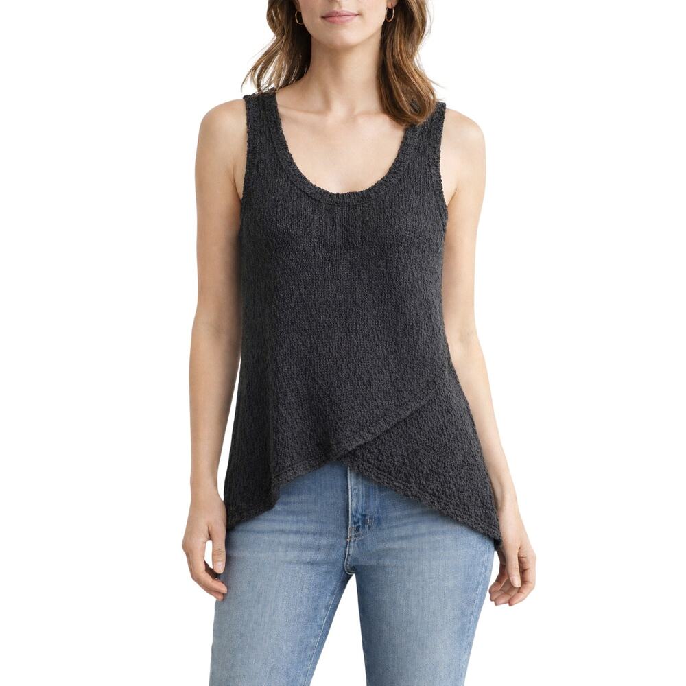 LOFT Black Open Knit Sweater Tank Scoop Neck Sleeveless Asymmetrical Hem Sz S